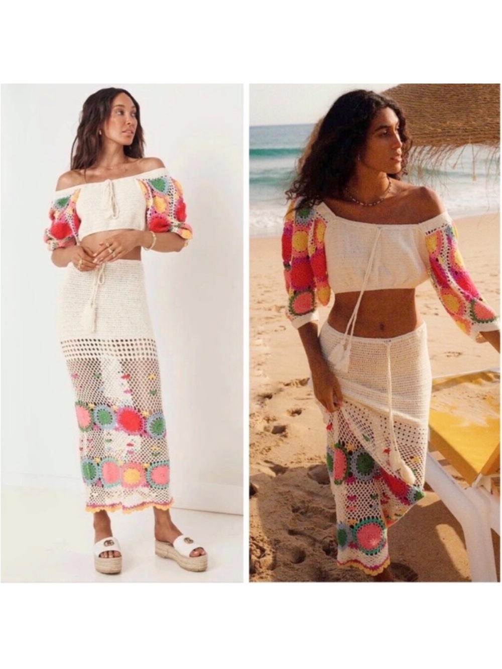 Spell Crochet Set Let the Sunshine In Maxi Skirt and Crop Top Cream Rainbow S - Picture 15 of 17